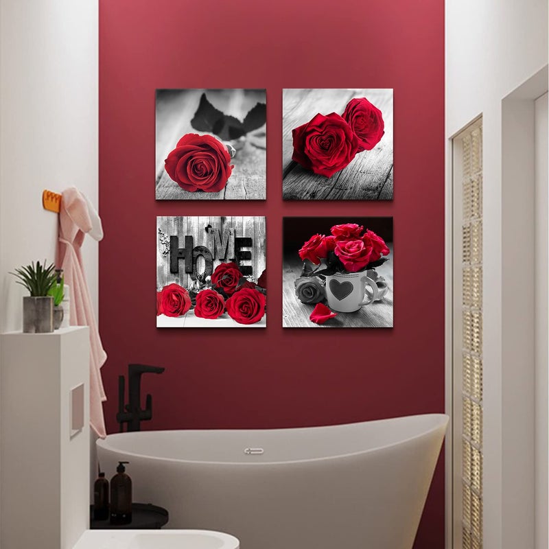YOOOAHU Red Rose Posters for Living Room Red and Black Wall Art Flower Painting Bedroom Wall Decor Romantic Floral Canvas Painting Bathroom Pictures Modern Kitchen Accessories Home Decoration 20x20" 4 Pcs/Set - Image 5